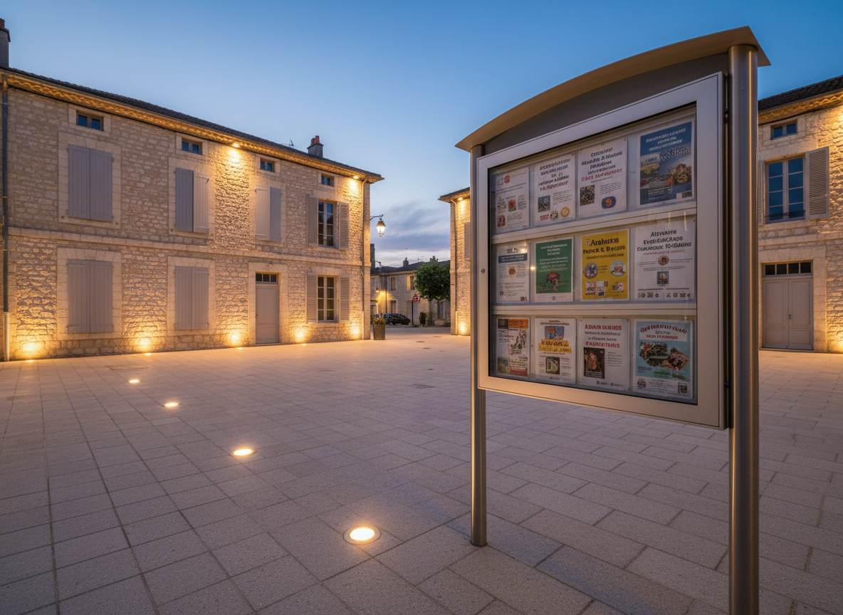 A carefully maintained village square in Vieille-Toulouse at early evening, featuring a modern, low-profile notice board in brushed steel and glass, displaying neatly pinned flyers for local associations, cultural events, and ecological initiatives. Surrounding the square are understated stone buildings with neutral-toned facades and well-kept shutters, while discreet LED path lights embedded in the pavement begin to glow softly. The sky shows the cool blue of dusk, and warm ambient lighting from the surrounding architecture creates a feeling of safety and conviviality. Captured at eye level with a rule-of-thirds composition, the notice board is in crisp focus while the background gently blurs, emphasizing community life and associative engagement. The style is photographic, clean, and structured, with a calm, civic mood.