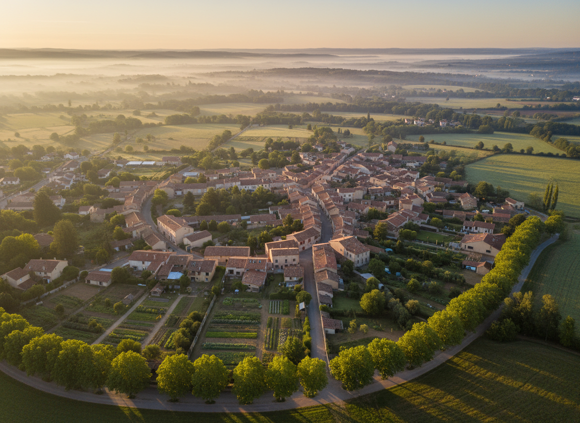An aerial, photographic view of the village of Vieille-Toulouse at sunrise, with clusters of terracotta-roofed houses, winding narrow streets, and patches of well-maintained greenery, including small community gardens and tree-lined paths. The rolling landscape of the Garonne valley stretches into the misty distance, with soft golden morning light bathing the rooftops and fields, creating long, delicate shadows. The composition uses a wide-angle, bird’s-eye perspective with balanced, structured framing that highlights both built and natural environments. The atmosphere feels serene, safe, and quietly optimistic, conveying a harmonious commune that values ecology and quality of life. The color palette is natural and slightly desaturated for a refined, professional, government-campaign aesthetic.