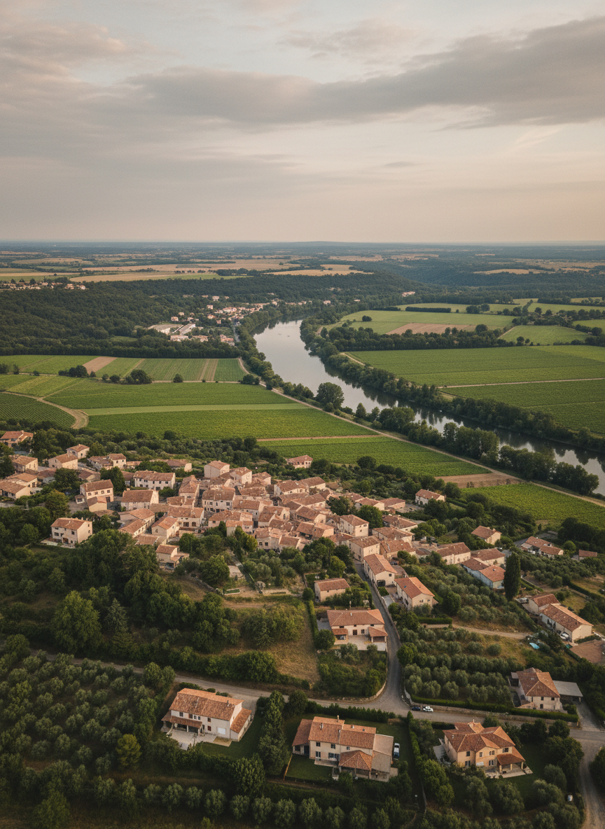 Photographic view of the village of Vieille-Toulouse with terracotta roofs, Garonne valley landscape, and greenery, captured in a calm, civic, neutral-toned style suitable for a local government campaign website.