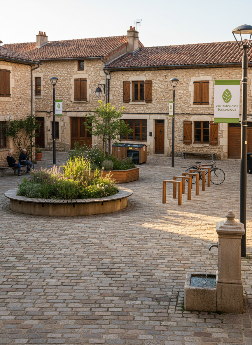 Photographic scene of a central square or meeting point in Vieille-Toulouse with stone houses, a small public space, and subtle ecological elements like plants and bike racks, in a structured, professional campaign style.