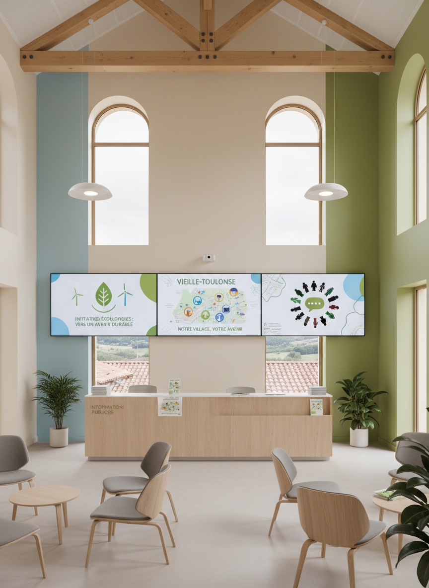 Interior view of a municipal or community space in Vieille-Toulouse, such as a town hall lobby or community room, with informational displays about the village, ecological initiatives, and citizen participation, in a clean, neutral, civic campaign style.